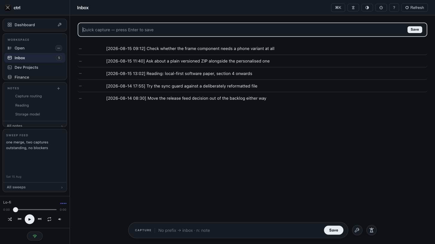 The ctrl inbox listing five timestamped captures, with a quick-capture field at the top of the list and the prefix-routing capture bar at the bottom of the window.