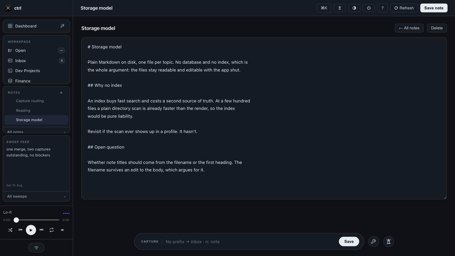 A note open in ctrl, showing its raw Markdown with headings and paragraphs, the other notes listed in the sidebar, and a save control in the header.