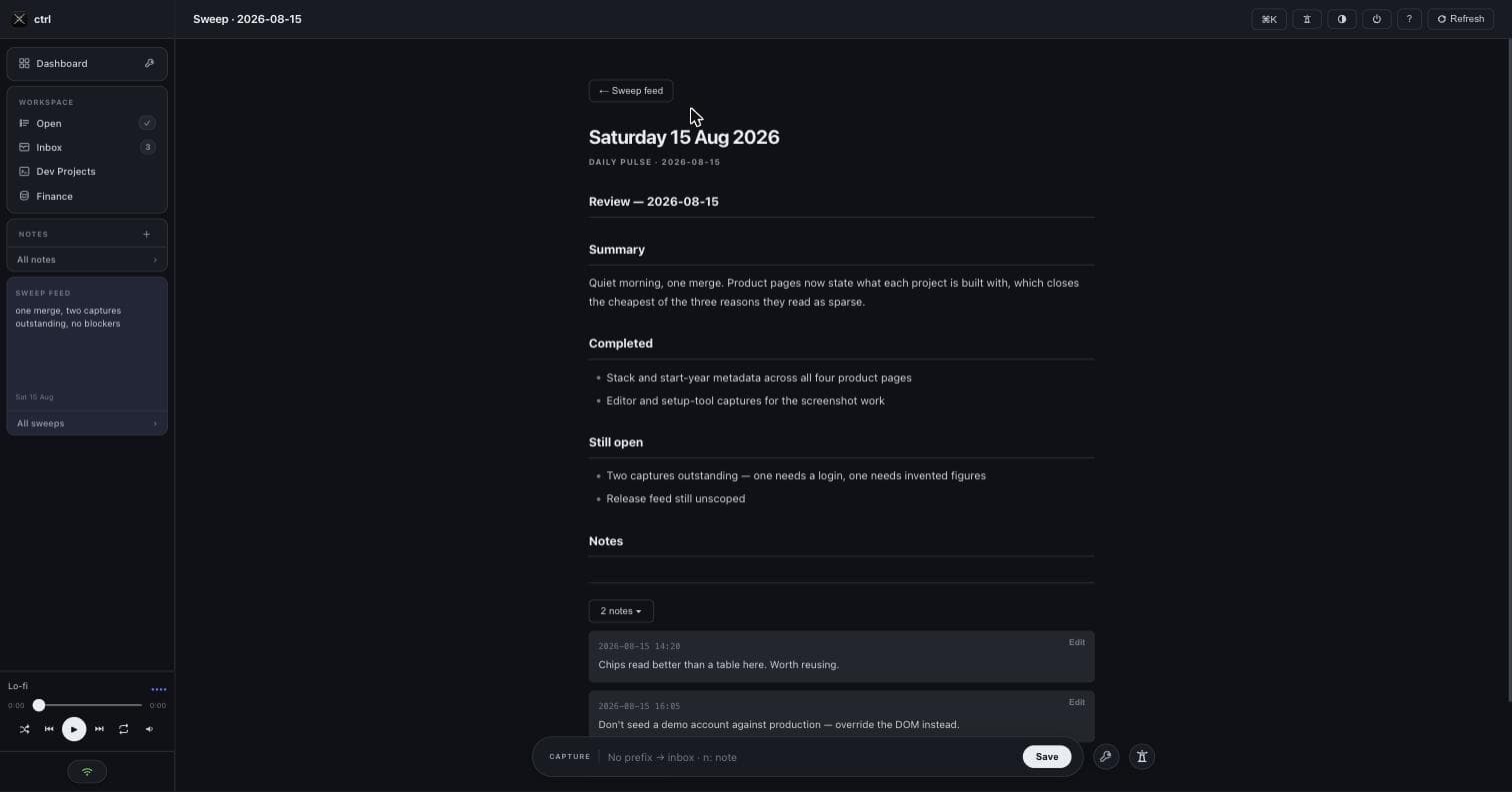 A day's report in ctrl, with summary, completed and still-open sections, and two timestamped notes appended underneath. The capture bar sits along the bottom of the window.