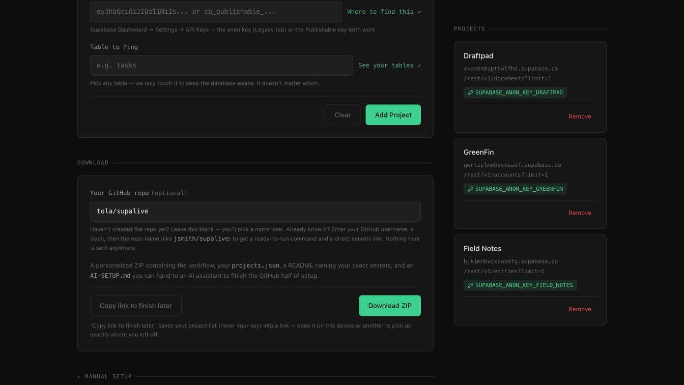 The download step of the Supalive setup tool, offering a personalised ZIP containing the workflow, a projects file and a README naming the exact secrets, with the three configured projects listed beside it.