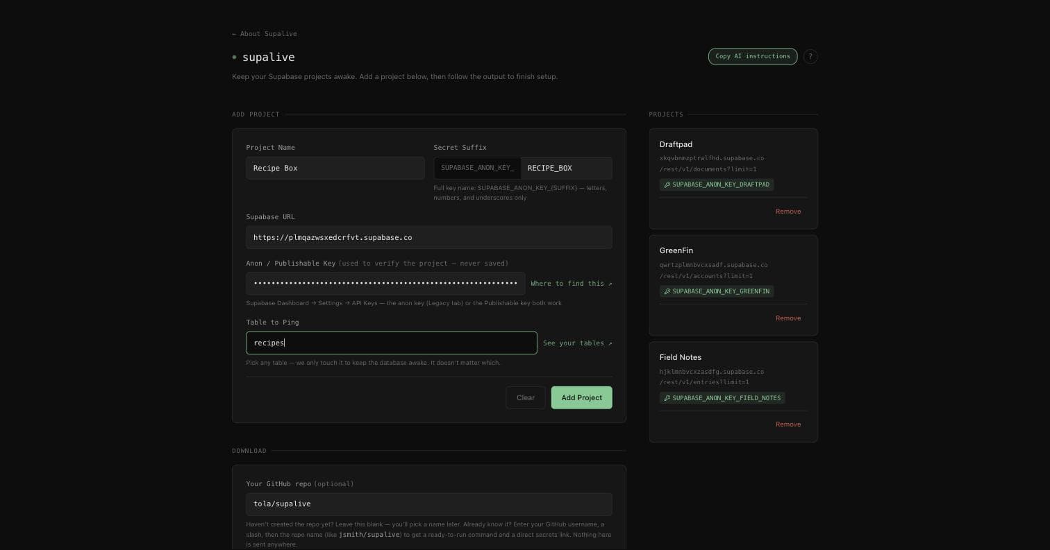 The Supalive setup tool with three projects added and a fourth part-entered. Each saved project shows its Supabase URL, the table being pinged, and the GitHub secret name it expects.